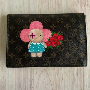 Louis Vuitton Brown Monogram Clutch with Pink Character and Red Roses